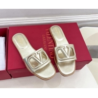 Top Design Valentino VLogo Cut-out Calfskin Flat Slide Sandals Gold 429062