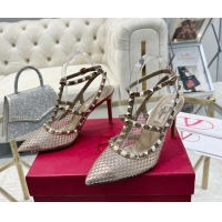 Sumptuous Valentino Rockstud Mesh Pumps 9cm with Matching Strap and Strass Gold 429071