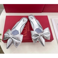 Grade Quality Valentino Calfskin Flat Mules with Maxi Bow Silver 429081