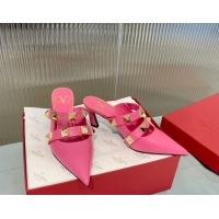 Fashion Valentino Roman Stud Calfskin Heel Mules 6.5cm with Straps Pink 429112