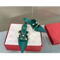 Buy Luxury Valentino Roman Stud Calfskin Heel Mules 6.5cm with Straps Green 429113