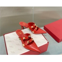 Top Grade Valentino Roman Stud Calfskin Heel Mules 6.5cm with Straps Red 429115