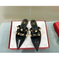 Unique Style Valentino Roman Stud Calfskin Flat Mules with Straps Black 429116