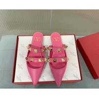 Good Looking Valentino Roman Stud Calfskin Flat Mules with Straps Pink 429119