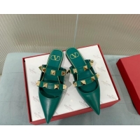 Sumptuous Valentino Roman Stud Calfskin Flat Mules with Straps Green 429121