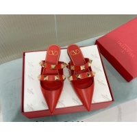 Good Quality Valentino Roman Stud Calfskin Flat Mules with Straps Red 429123