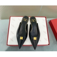 Best Price Valentino One Stud Calfskin Flat Mules Black 429124