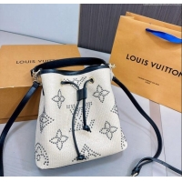 New Design Louis Vuitton NeoNoe Straw Bucket Bag in Monogram Studs 0513 White/Black 2024