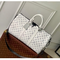 Famous Brand Louis Vuitton Keepall Bandoulière 50 Travel bag in Monogram Shadow Calfskin M24954 White/Navy Blue 2024