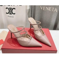 Discount Valentino Rockstud Wispy Calfskin Leather Heel Mules 9cm Dusty Pink 429143