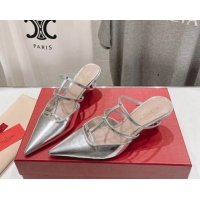 Perfect Valentino Rockstud Wispy Calfskin Heel Mules 6cm Silver 429148