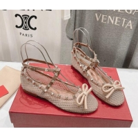 Durable Valentino Rockstud Mesh Ballerinas Flat with Strass and Ankle Strap Rose Beige 429158