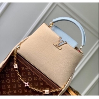 Luxurious Cheap Louis Vuitton Capucines MM Bag in Taurillon Leather with Lovelock Chain M23950 Beige/Blue 2024