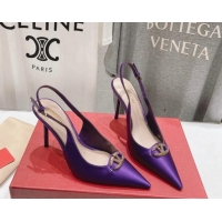 Classic Hot Valentino The Bold Edition VLogo Satin Slingback Pumps 9cm with Strass Purple 429169