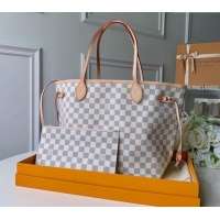 Inexpensive Louis Vuitton Classic Neverfull MM Tote Bag N41605 Damier Azur Canvas/Light Pink 2024