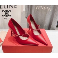 Luxurious Valentino Rockstud Wispy Mary Janes Pumps 9.5cm in Calfskin Red 429190