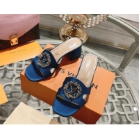 Best Grade Louis Vuitton LV Met Satin Heel Slide Sandals 5.5cm with Strass Blue 606088