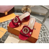 Grade Quality Louis Vuitton LV Met Satin Heel Slide Sandals 5.5cm with Strass Red 06091