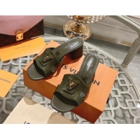 Classic Hot Louis Vuitton Isola Leather Heel Slide Sandals 5.5cm with LV Patch Green 06100