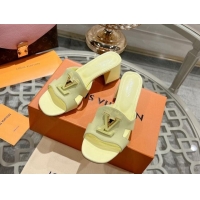 Top Grade Louis Vuitton Isola Leather Heel Slide Sandals 5.5cm with LV Patch Yellow 06101