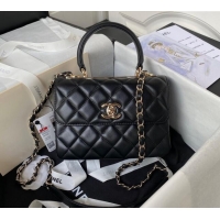 Shop Grade Chanel Trendy CC Quilted Lambskin Mini Flap Bag with Top handle and Metal-Tone Band AS4654 Black