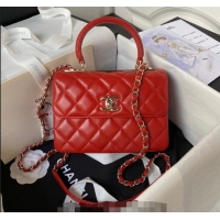 Inexpensive Chanel Trendy CC Quilted Lambskin Mini Flap Bag with Top handle and Metal-Tone Band AS4654 Bright Red