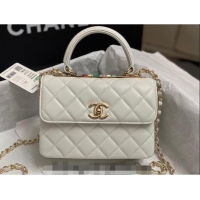 Best Quality Chanel Trendy CC Quilted Lambskin Mini Flap Bag with Top handle and Metal-Tone Band AS4654 White/Multicolor