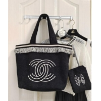 Low Cost Chanel Towel Cloth Beach Tote Bag with Fringe 1226 Black