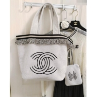 Super Quality Chanel Towel Cloth Beach Tote Bag with Fringe 1226 Light Grey