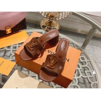 Pretty Style Louis Vuitton Isola Leather Heel Slide Sandals 5.5cm with LV Patch Brown 606103