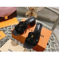 Top Grade Louis Vuitton Isola Leather Heel Slide Sandals 5.5cm with LV Patch Black 606105