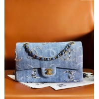 Promotional Chanel Classic Medium Flap Bag in Sequins Embroidered Denim A01112 Blue