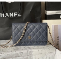 Top Quality Chanel Grained Calfskin Classic Wallet on Chain WOC AS7017 Gold/Dark Blue 2024