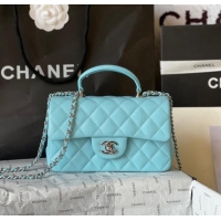 Top Quality Chanel Lambskin Mini Flap Bag with Top Handle AS2431 Light Blue 2024