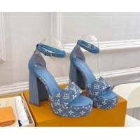 Charming Louis Vuitton Fame Heel Platform Sandal 12cm in Monogram Jacquard Light Blue 606138