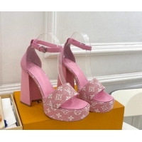 Sumptuous Louis Vuitton Fame Heel Platform Sandal 12cm in Monogram Jacquard Pink 606139