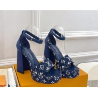 Big Discount Louis Vuitton Fame Heel Platform Sandal 12cm in Monogram Jacquard Navy Blue 606140