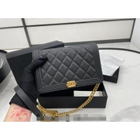 Cheapest Chanel Grained Calfskin Boy Chanel Wallet On Chain Bag WOC AP7063 Black/Gold 2024