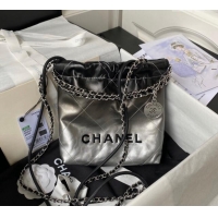 New Release Creation Chanel 22 Metallic Shaded Calfskin Mini Shopping Bag AS3980 Black/Silver 2024