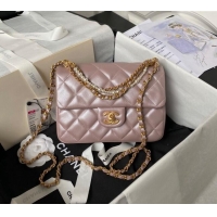 Top Design Chanel Shiny Lambskin Small Flap Bag with Chain and Pearls AS4384 Pink 2024