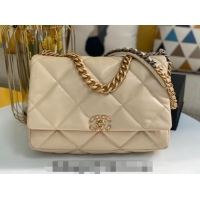 Pretty Style Chanel 19 Shiny Lambskin Maxi Flap Bag AS1162 Beige/Gold 2024