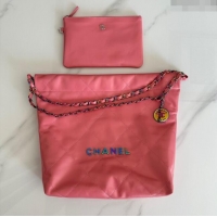 Luxury Cheap Chanel 22 Calfskin Small Shopping Bag AS3260 with Iridescent Logo Pink 2024