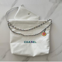 New Design Chanel 22 Calfskin Small Shopping Bag AS3260 with Iridescent Logo White 2024