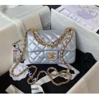 Good Product Chanel Shiny Lambskin Mini Flap Bag with Chain and Pearls AS4385 Silver 2024