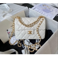 Top Quality Chanel Shiny Lambskin Small Flap Bag with Chain and Pearls AS4384 White 2024