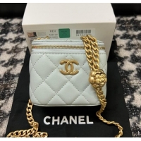 Buy Fashionable Chanel Lambskin Mini Vanity Case with Camellia Chain AS2218 Light Blue 2024