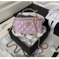 Good Looking Chanel Shiny Crumpled Lambskin Clutch with Chain and Pearls Top Handle AP3804 Light Purple 2024