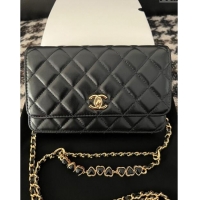 Famous Brand Chanel Shiny Crumpled Lambskin Wallet On Heart Chain WOC AP3785 Black 2024