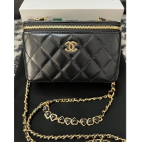 New Cheap Chanel Shiny Crumpled Lambskin Clutch with Heart Chain WOC AP3784 Black 2024