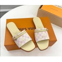 Stylish Louis Vuitton Neo Revival Flat Slide Sandals in Patent Damier Canvas with Buckle Pink 606152